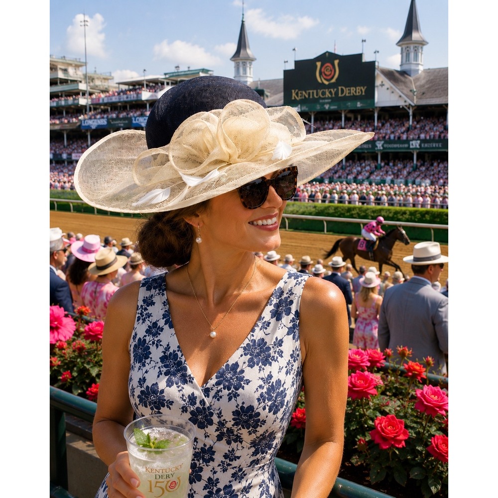 Scala Derby Sinamay Wide Brim Kentucky Derby Hat Ivory Navy OS Adjustable